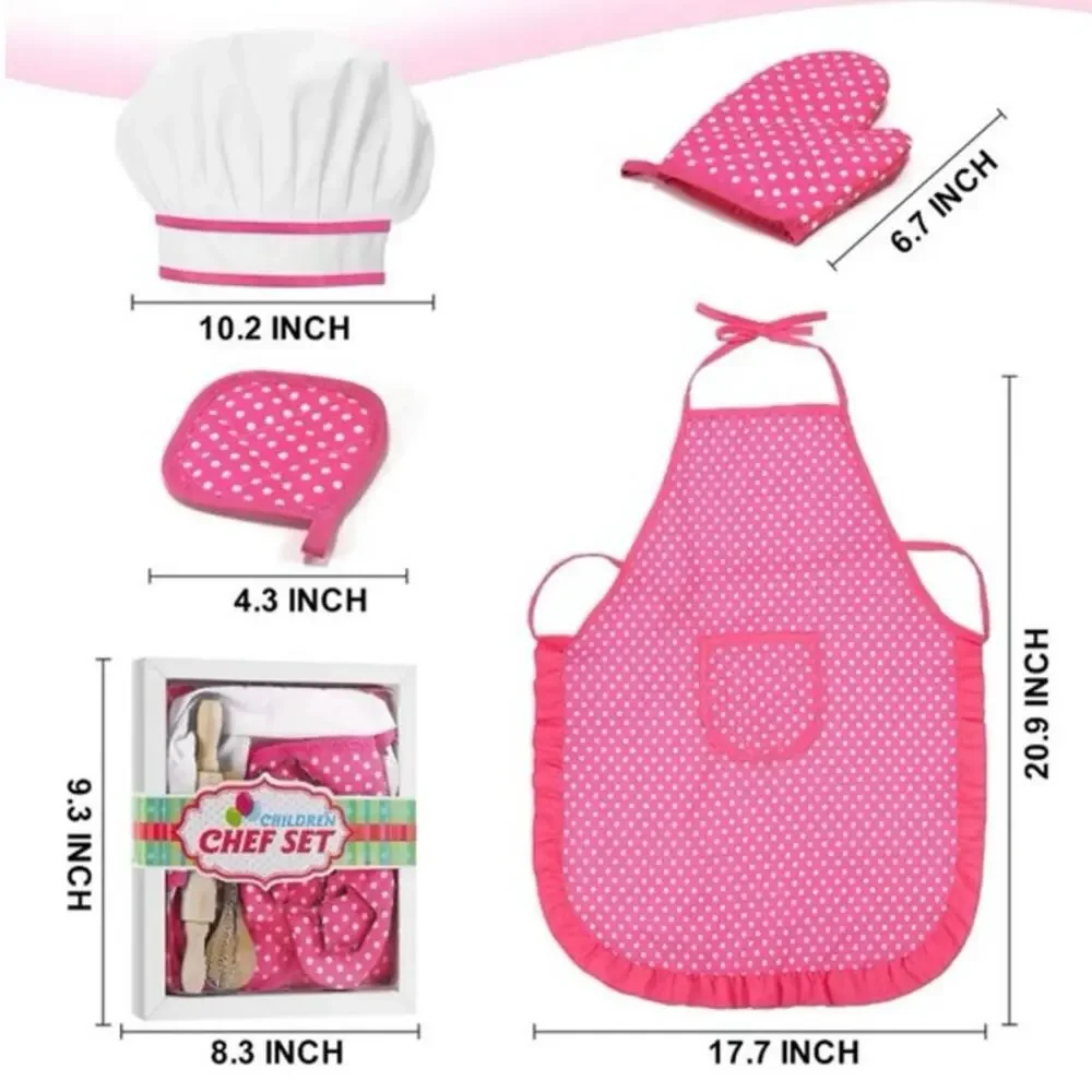 Rirool Kids Chef Role Play Cooking Set Pink Polka Dot Apron Hat Mitt 11pc Gift